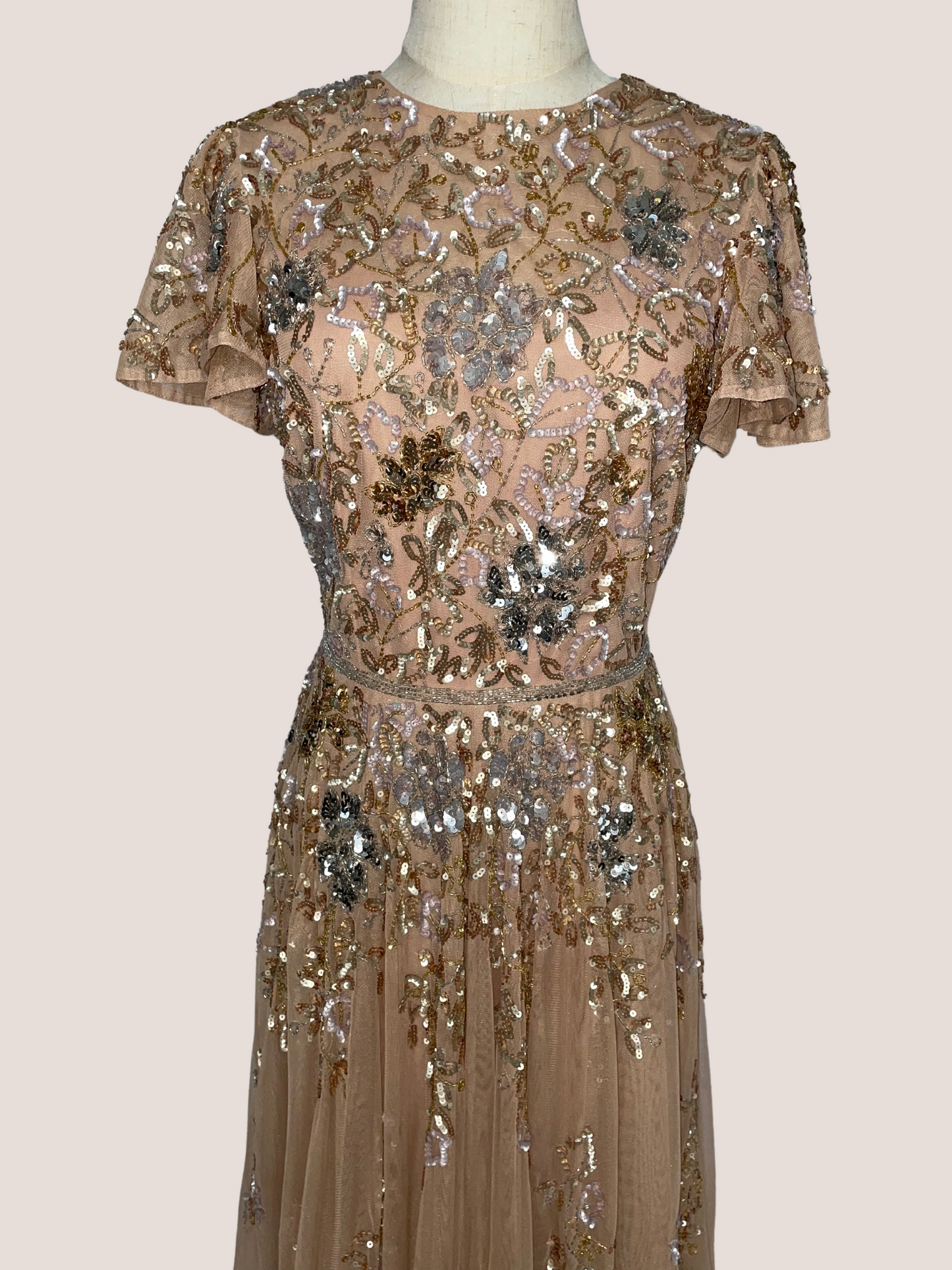 Embellished Butterfly Sleeve High Neck Gown