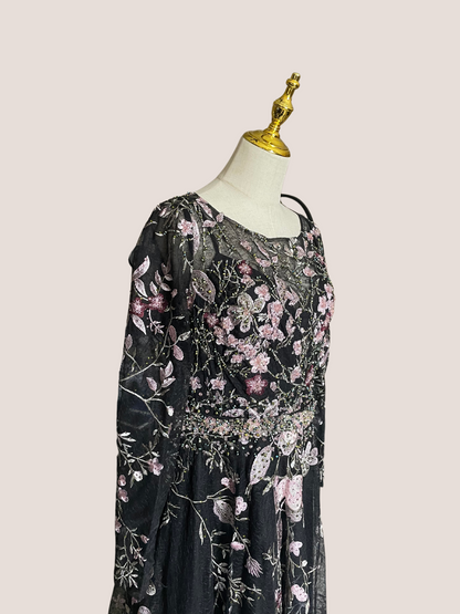 High Neck Long Sleeve Embroidered Dress