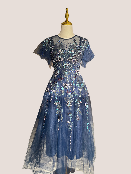 Flutter Sleeve High Neck Embellished Floral Dress