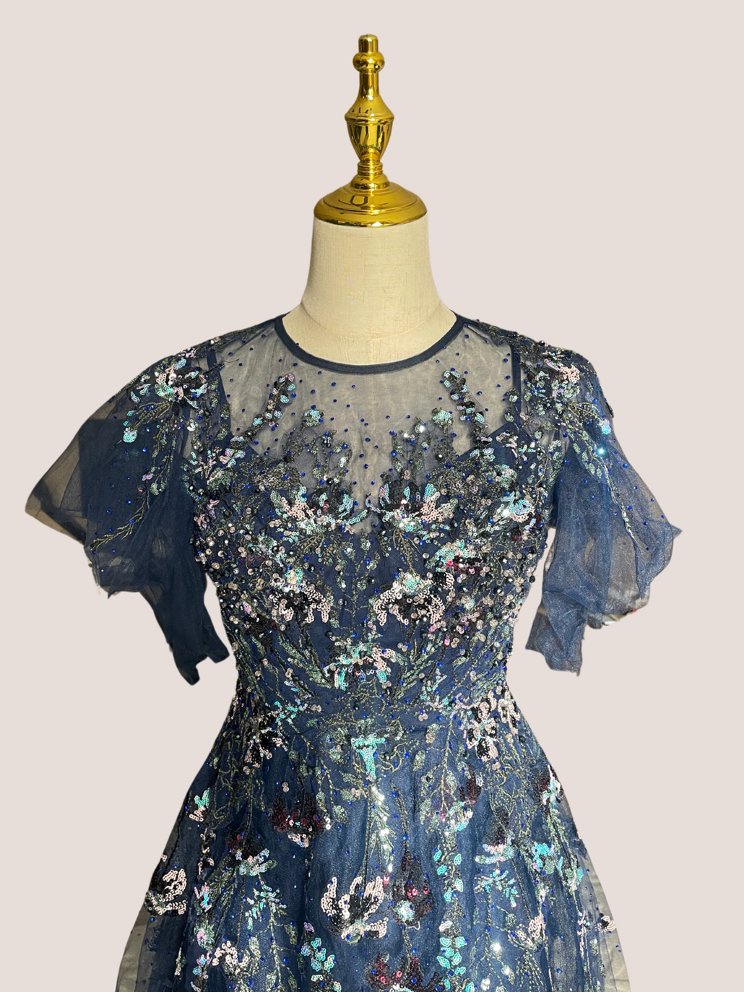 Flutter Sleeve High Neck Embellished Floral Dress