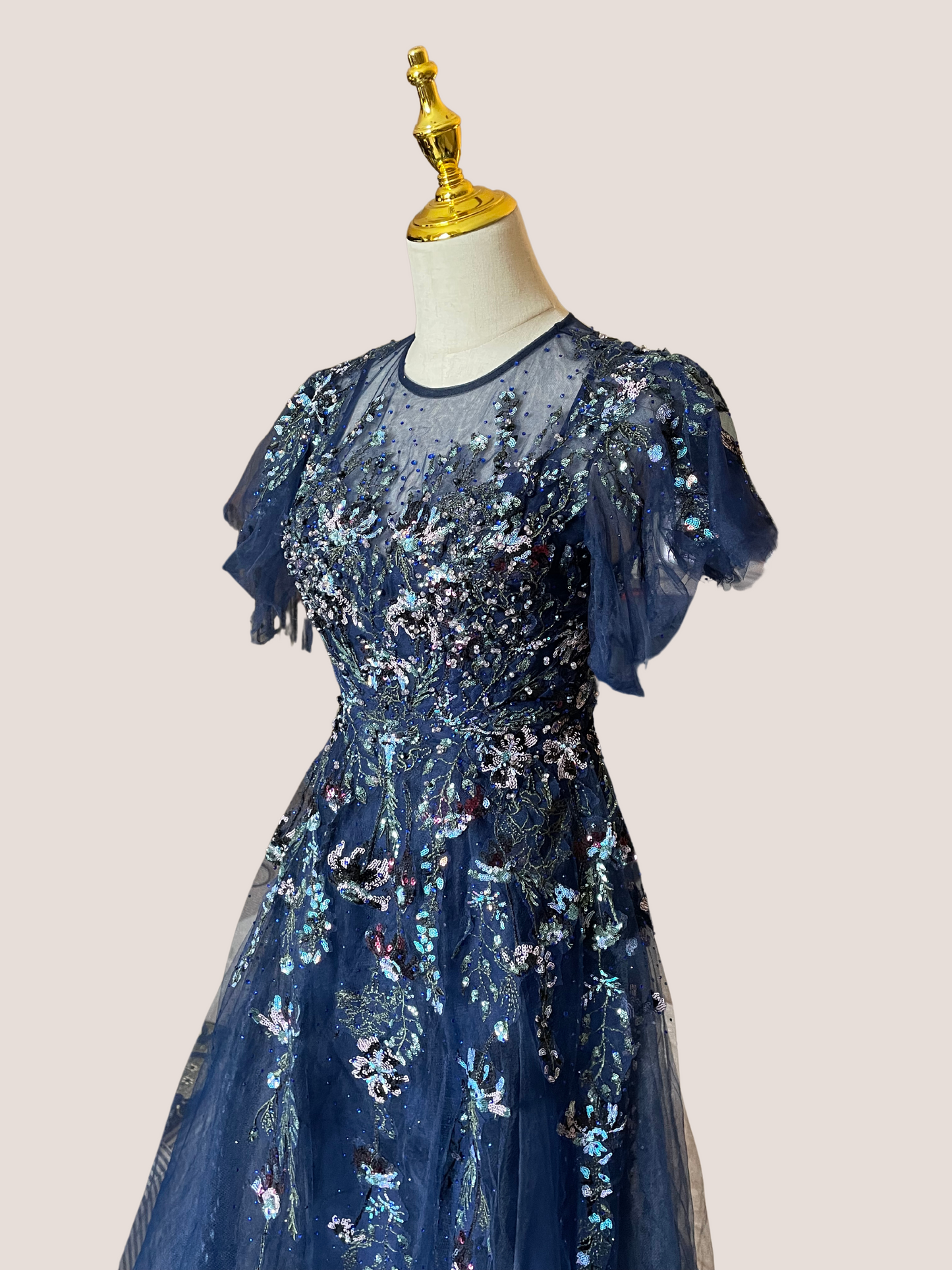 Flutter Sleeve High Neck Embellished Floral Dress