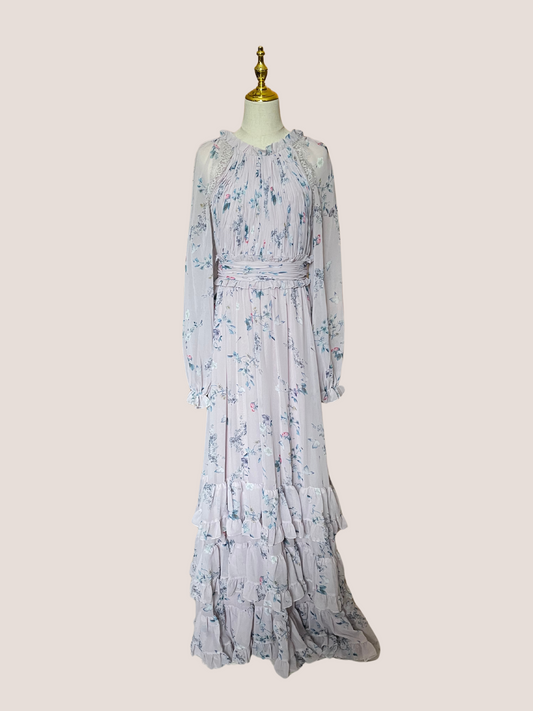 Floral Print Runched Raglan Sleeve Tiered Gown