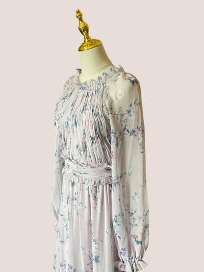 Floral Print Runched Raglan Sleeve Tiered Gown