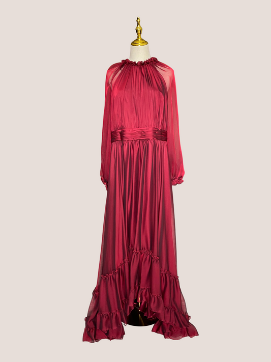 Puff Sleeve with Embellished Cuff Mock Neck A Line Gown