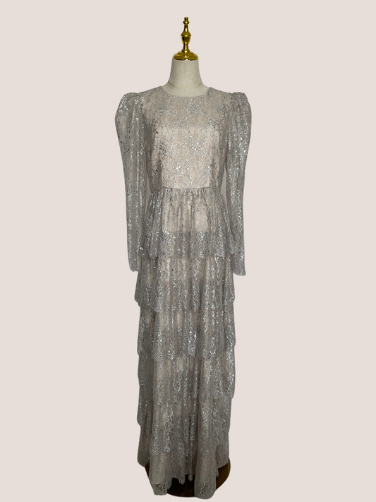 Metallic Lace Long Sleeve Tiered Ruffle Maxi Dress