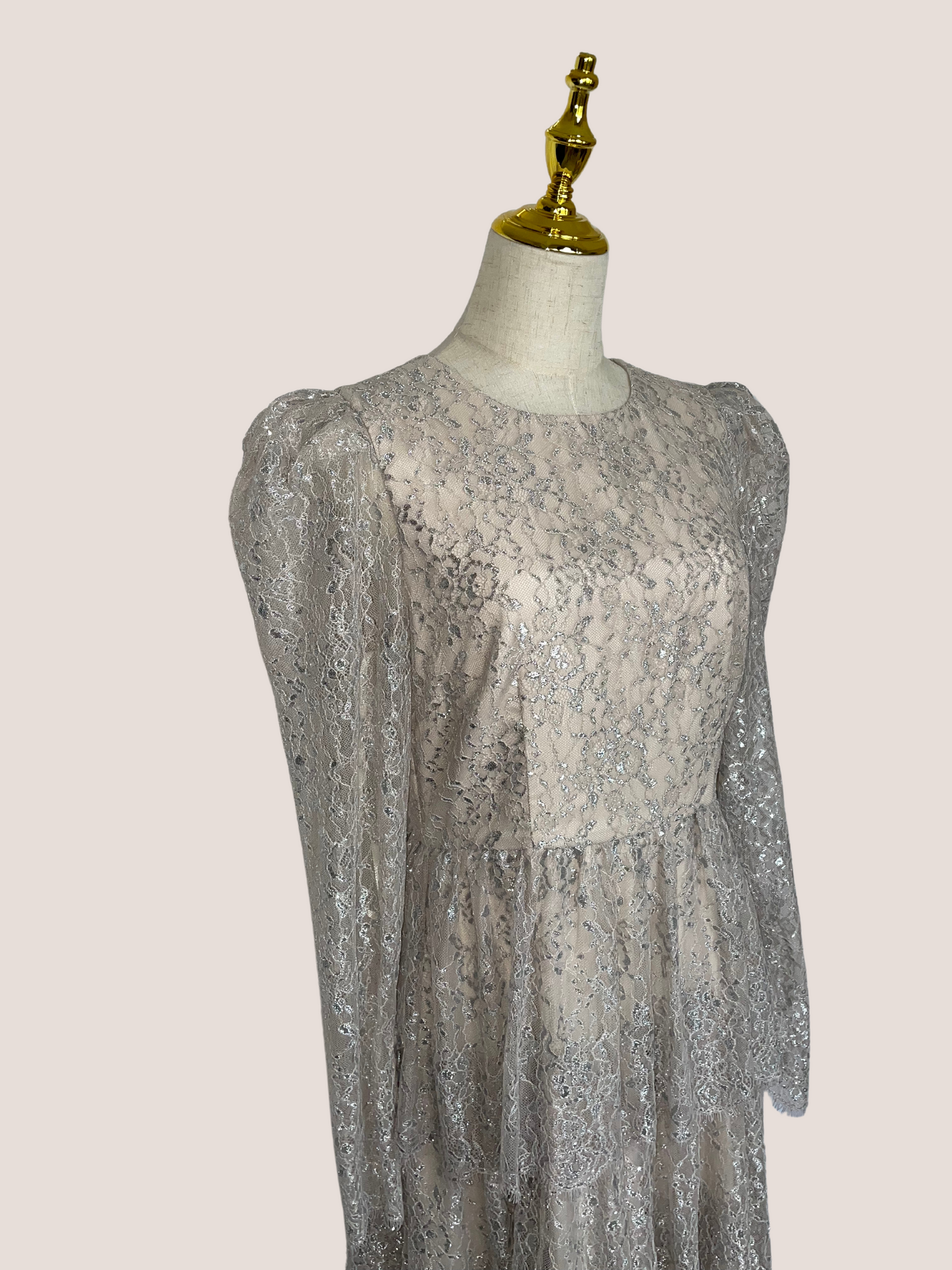 Metallic Lace Long Sleeve Tiered Ruffle Maxi Dress
