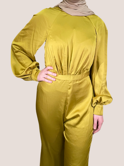 Satin Raglan Long Sleeve High Neck Jumpsuit
