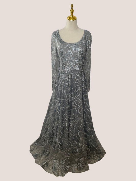 Jewel Encrusted Long Sleeve Square Neck Gown