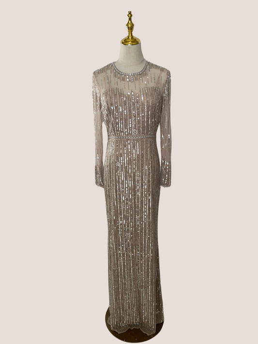 Sequined Illusion High-Neck Long Sleeve Trumpet Gown