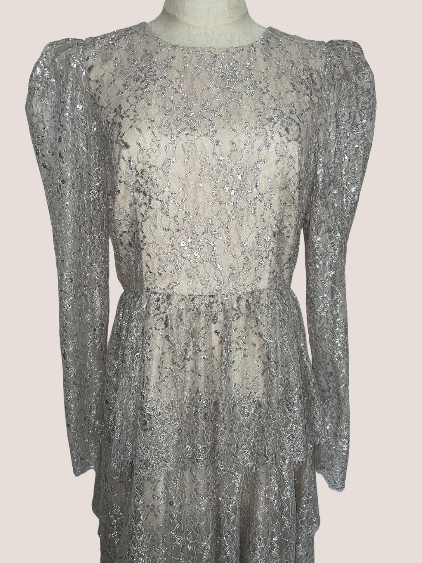 Metallic Lace Long Sleeve Tiered Ruffle Maxi Dress
