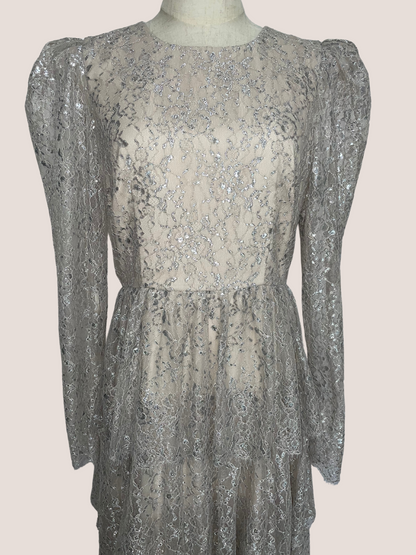 Metallic Lace Long Sleeve Tiered Ruffle Maxi Dress