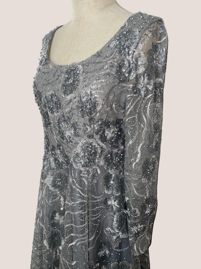 Jewel Encrusted Long Sleeve Square Neck Gown