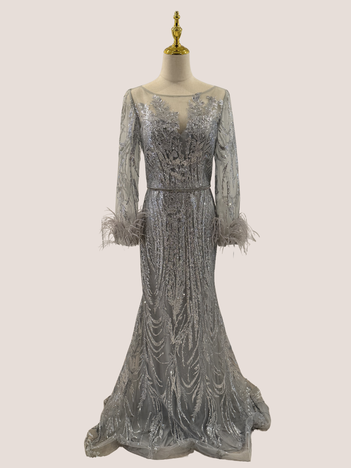 Illusion Bateau Neck Feathered Trumpet Silhouette