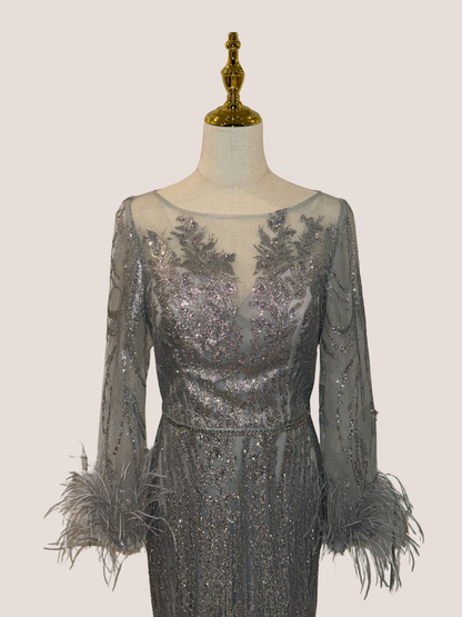 Illusion Bateau Neck Feathered Trumpet Silhouette