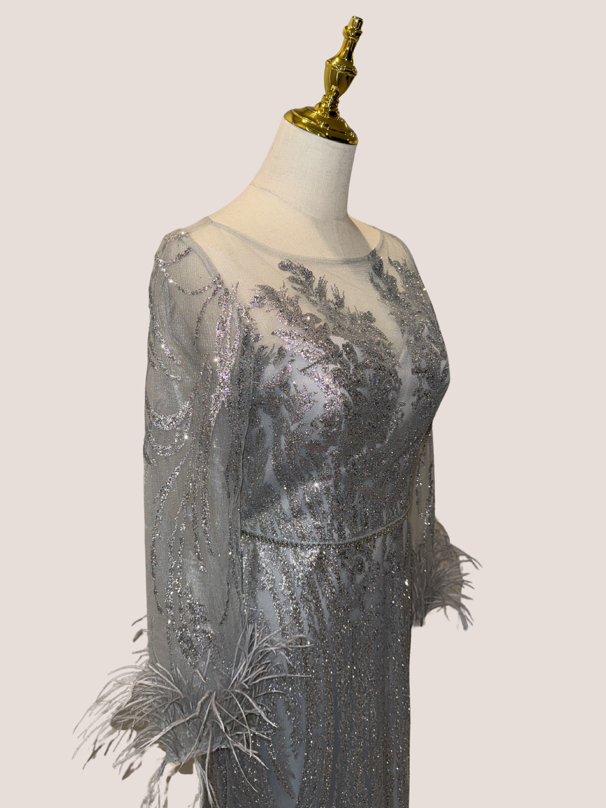 Illusion Bateau Neck Feathered Trumpet Silhouette