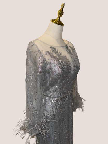 Illusion Bateau Neck Feathered Trumpet Silhouette