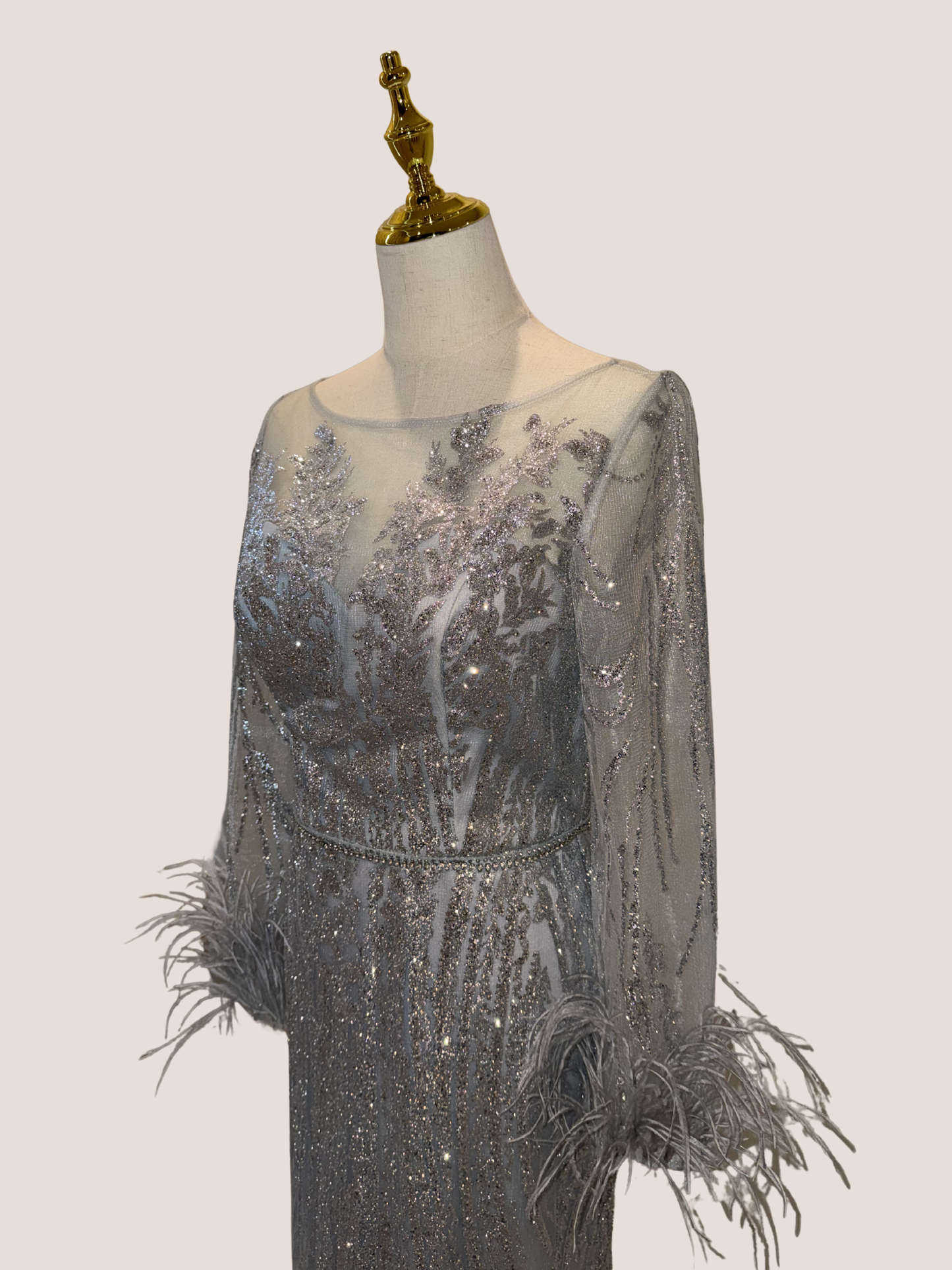 Illusion Bateau Neck Feathered Trumpet Silhouette