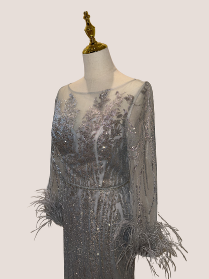 Illusion Bateau Neck Feathered Trumpet Silhouette