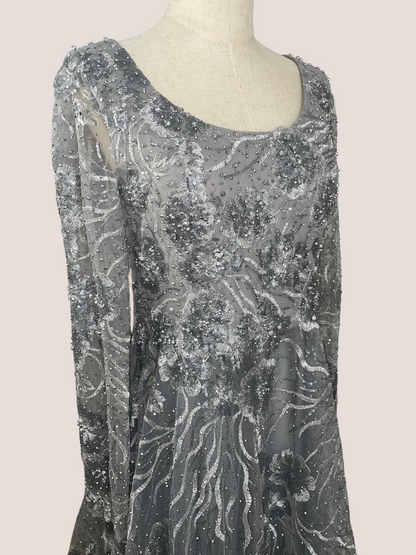 Jewel Encrusted Long Sleeve Square Neck Gown