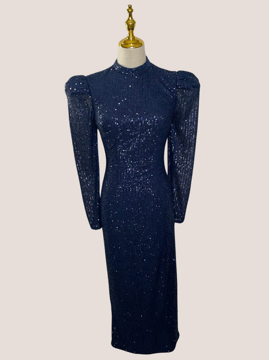 Sequined Long Sleeve High Neck Column Dress