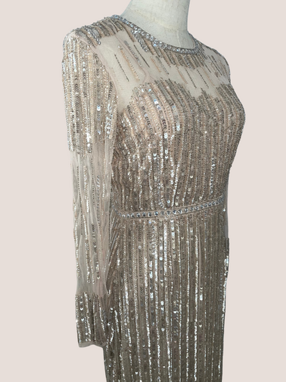 Sequined Illusion High-Neck Long Sleeve Trumpet Gown