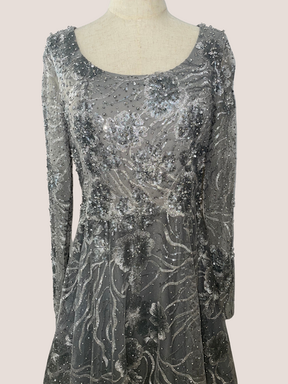 Jewel Encrusted Long Sleeve Square Neck Gown