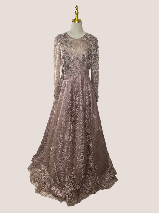 Embellished Illusion Long Sleeve A Line Gown