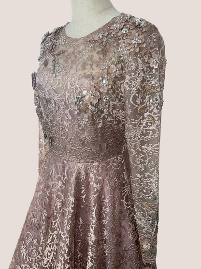 Embellished Illusion Long Sleeve A Line Gown