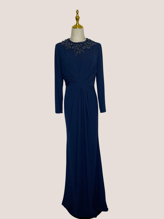 Beaded High Neck Front Twist Long Sleeve Trumpet Gown