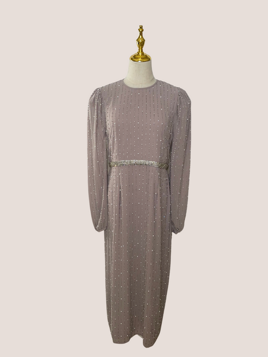 Long Sleeve Puff Sleeve Beaded Midi Dress