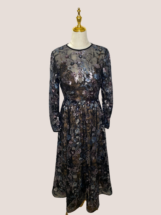 Embellished Illusion Long Sleeve Midi Dress