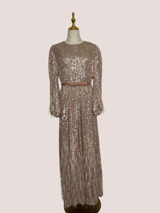 Sequin Long-Sleeve Feathered A-line Dress