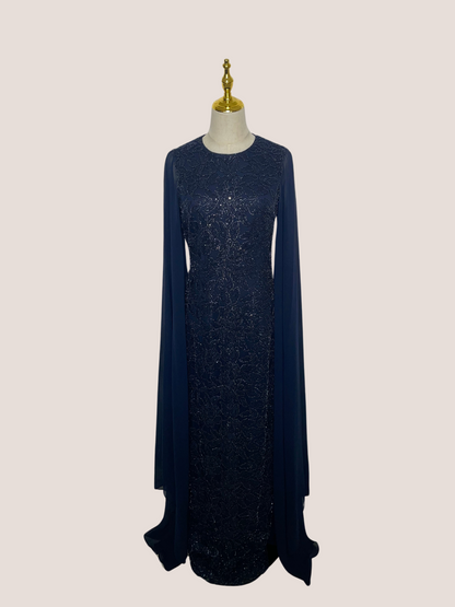 Chiffon Cape Overlay Beaded Gown