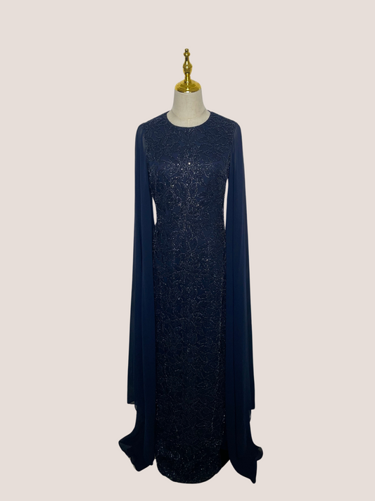 Chiffon Cape Overlay Beaded Gown
