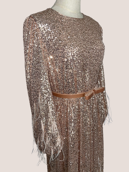 Sequin Long-Sleeve Feathered A-line Dress