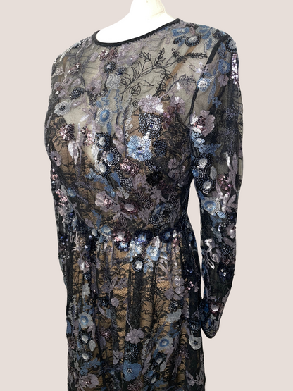 Embellished Illusion Long Sleeve Midi Dress