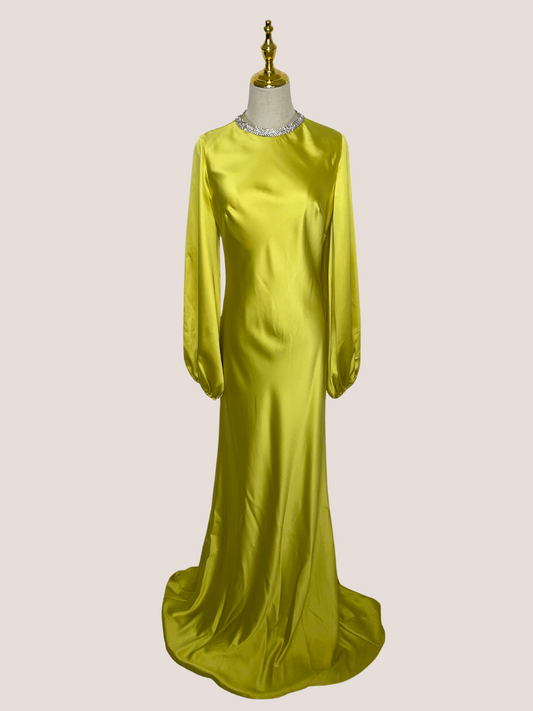 Satin Long Blouson Sleeve Evening Gown