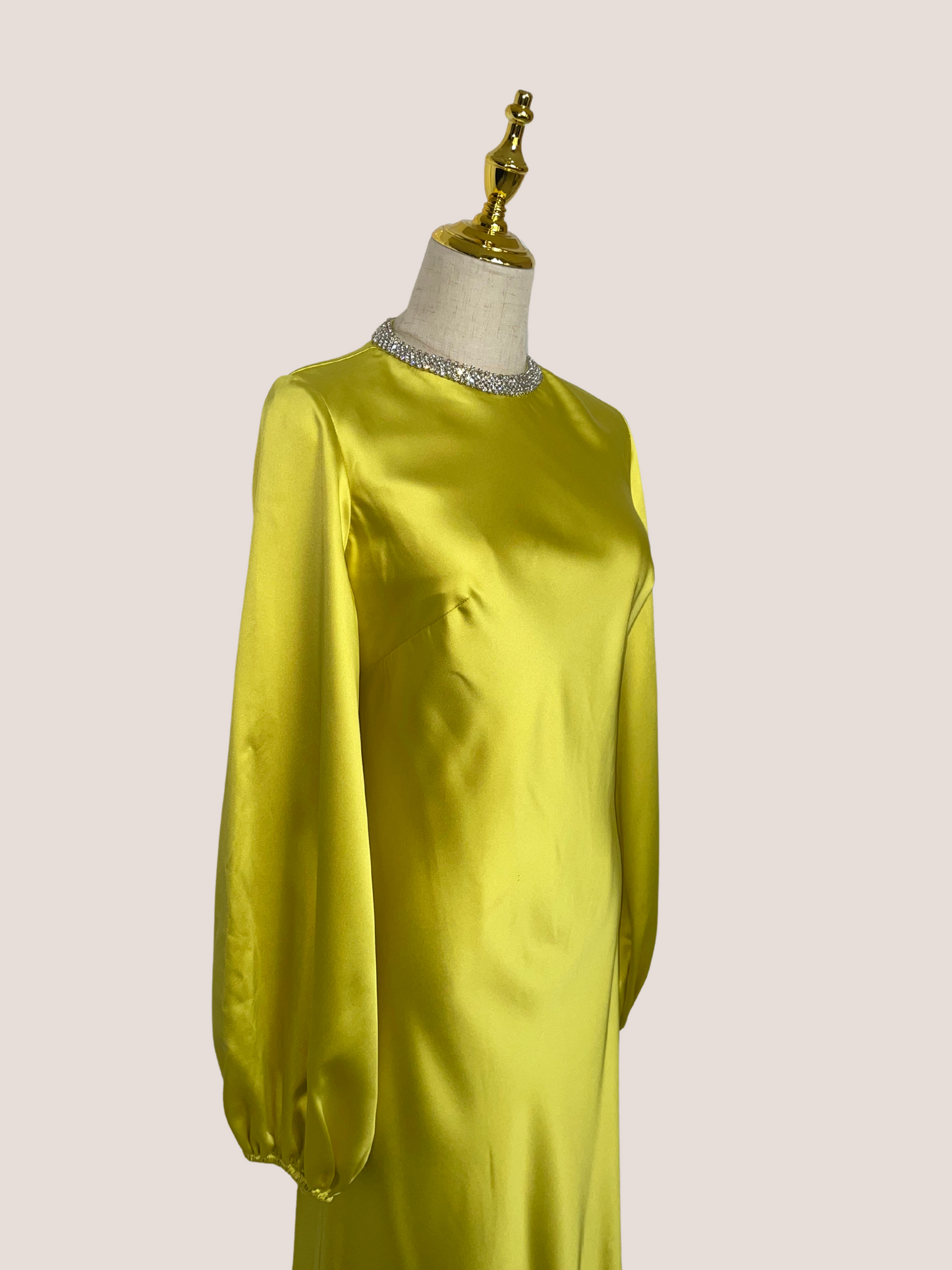 Satin Long Blouson Sleeve Evening Gown