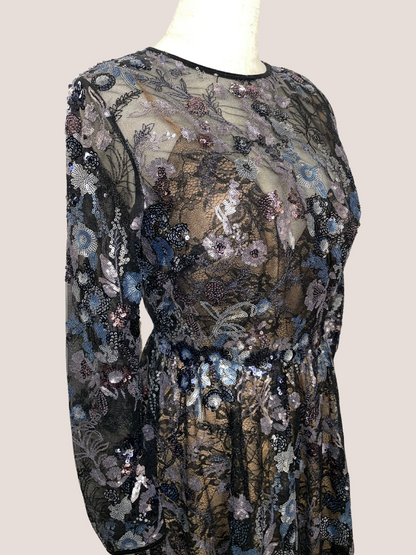 Embellished Illusion Long Sleeve Midi Dress