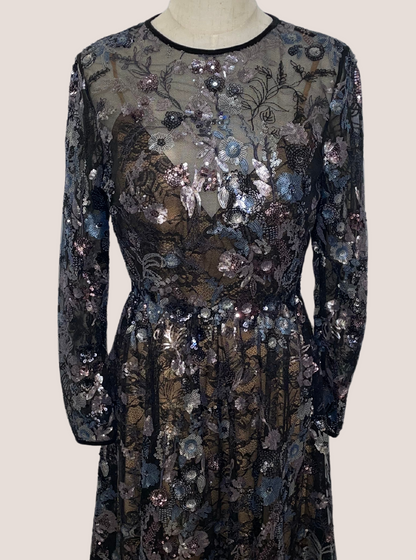 Embellished Illusion Long Sleeve Midi Dress