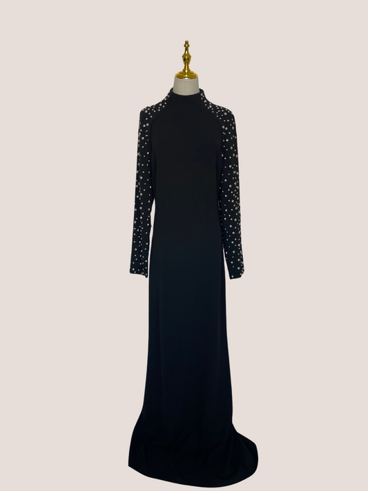 Sculpty Long-Sleeve Studded Mock-Neck Gown