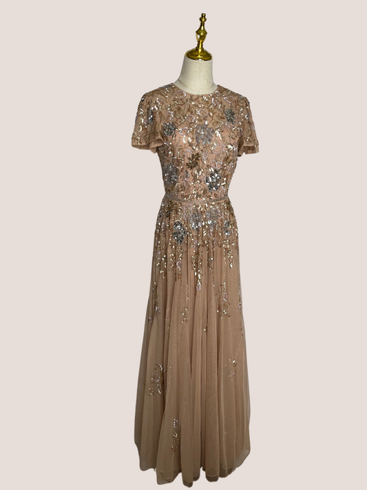 Embellished Butterfly Sleeve High Neck Gown