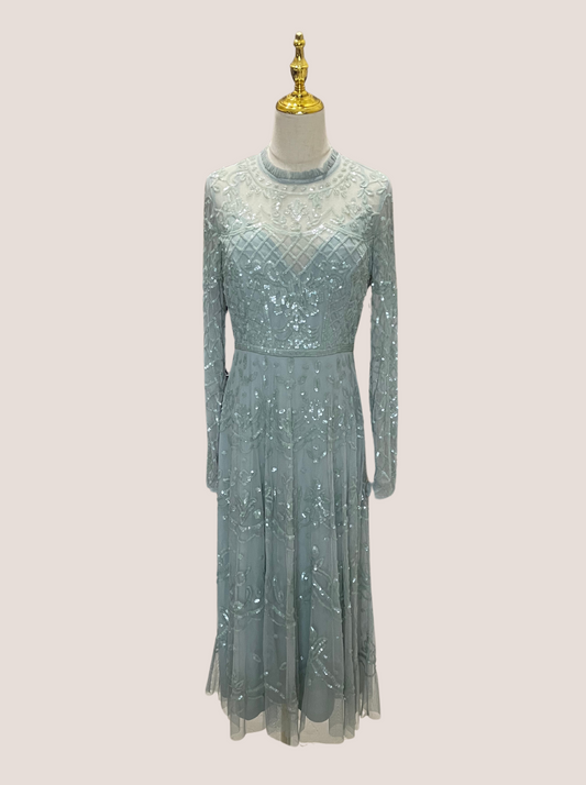 Sequined Illusion High Neck Long Sleeve Midi Dress